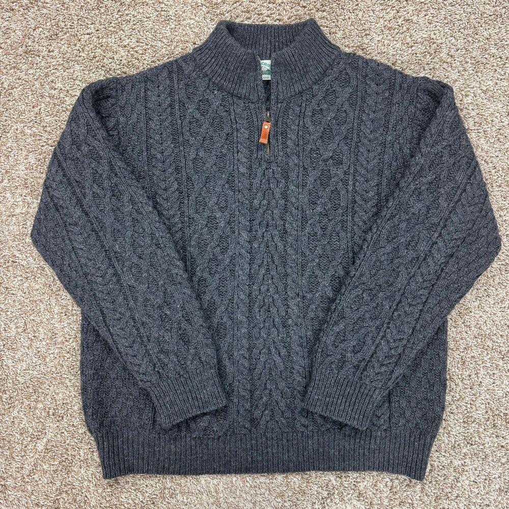Aran Crafts Ireland 1/4 Zip Sweater Mens XL Gray 100% Merino Wool Cable Knit